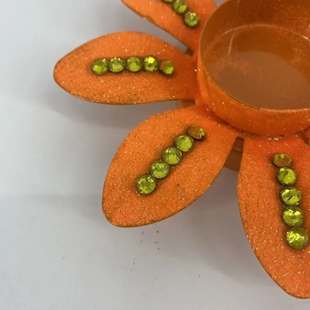 Lot Of 2 Red/orange Flower Tealight Holder With Glitter And Rhinestone Embellish